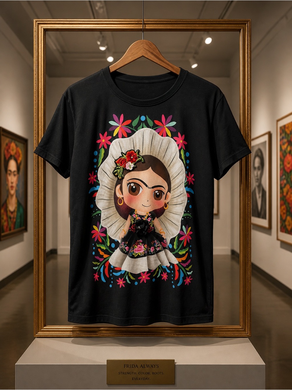 Frida Kahlo Graphic Tee - Black with Colorful Floral Art Sequin/Beaded Accents